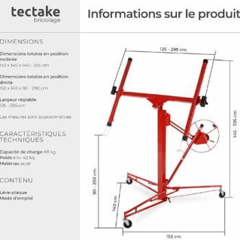 tectake® Lève plaque Placo Lève panneaux Plateforme élévatrice inclinable Aide de montage de panneaux en placoplâtre, bois ou métal max. 68 kg Ascenseur de plaque Outillage plaquiste Outil Bricolage